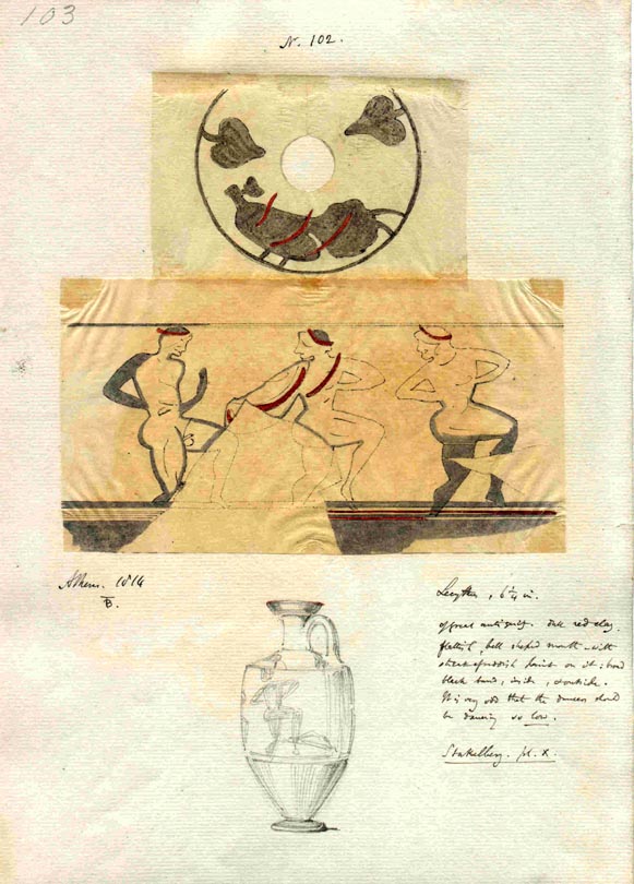 102(101) Sketch of lekythos, three nude men dancing